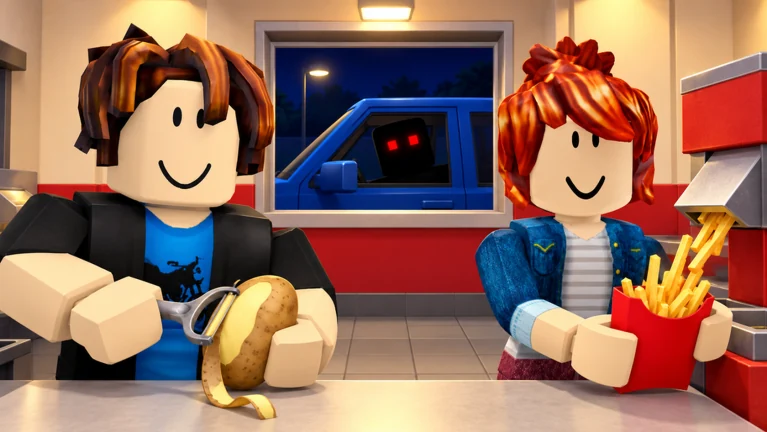 Sell Fries promotional cover: two Roblox characters preparing fries in a kitchen while a red-eyed figure waits at the window